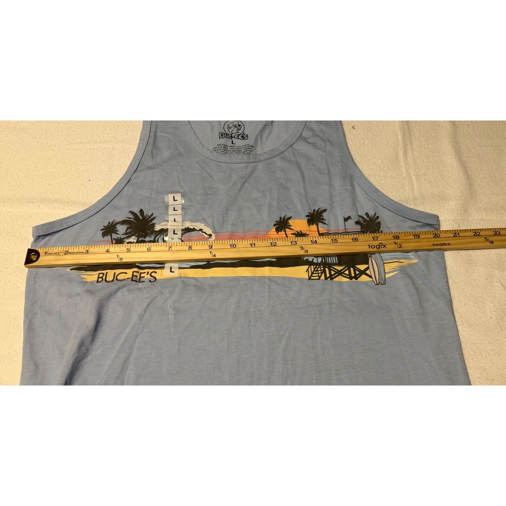 Buc-ee's Womens Graphic Tank Top Light Blue Beach Sunset Palm Trees Large NWT - Picture 2 of 6